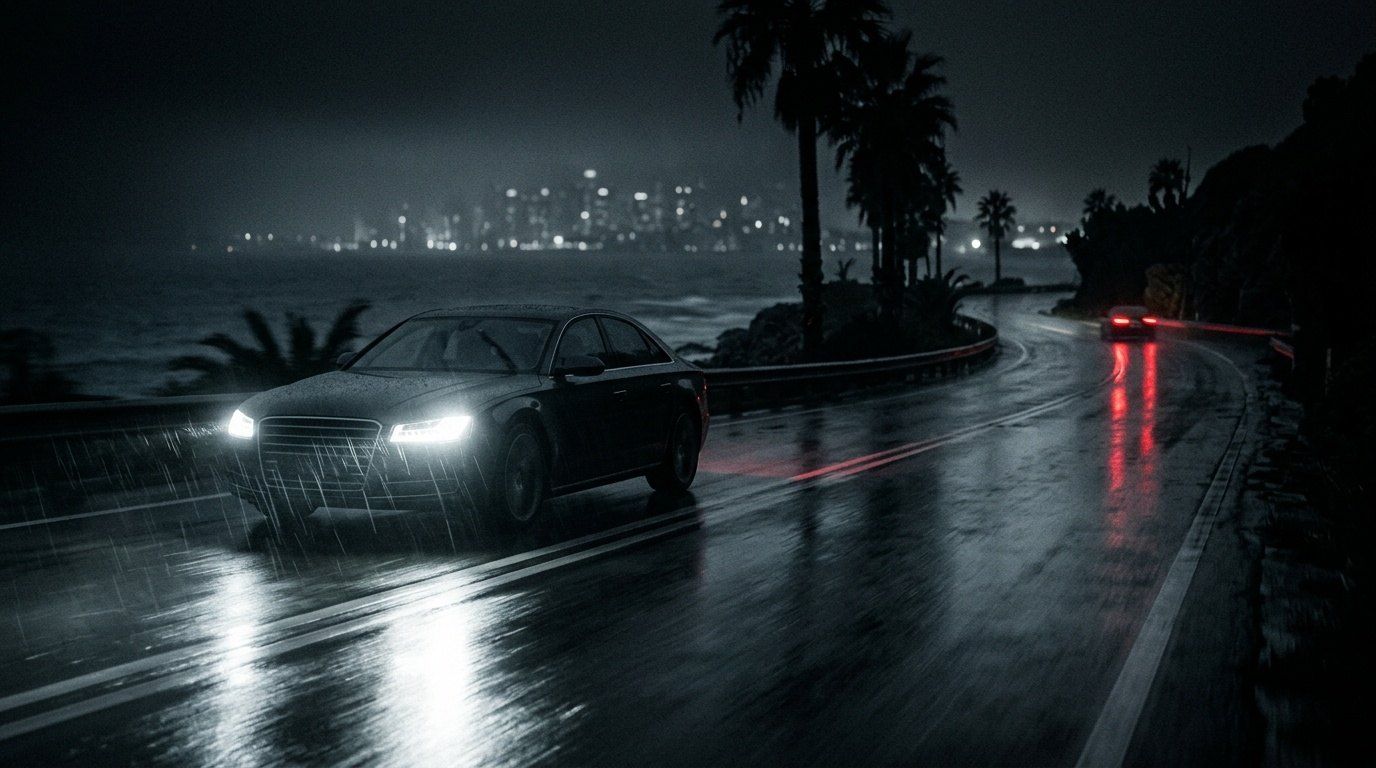 A dark saloon car driving along a wet coastal road at night, headlights reflected in the tarmac